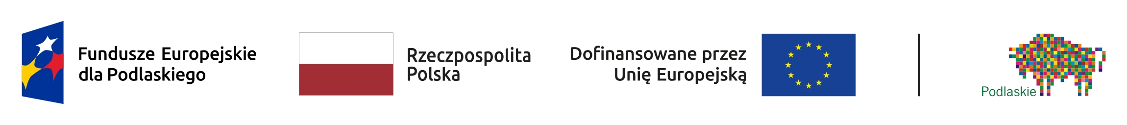 Zestawienie znaków: Fundusze Europejskie dla Podlaskiego, Barwy Rzeczypospolitej Polskiej, logo Unii Europejskiej z dopiskiem dofinansowane przez Unię Europejską, pionowa linia oddzielająca, logo województwa Podlaskiego