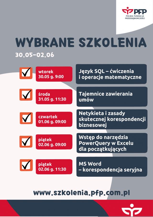 Harmonogram szkoleń 29.05-02.06.2023