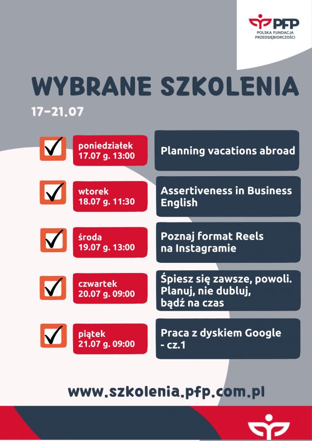 Harmonogram szkoleń 17-21.07.2023 r. Nie zwalniamy tempa ze szkoleniami! &bdquo;Lipiec to też czas na naukę&rdquo;