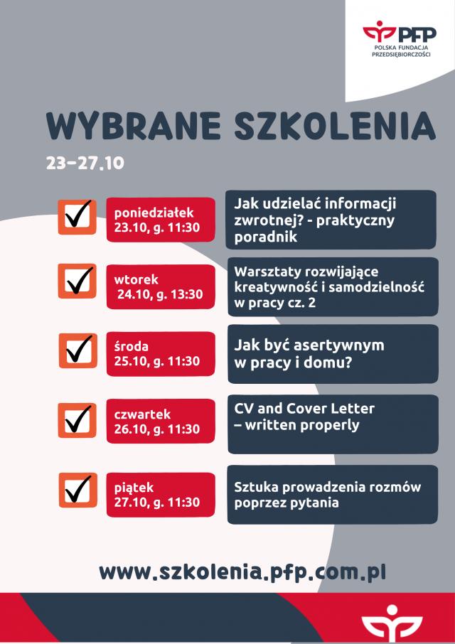 Harmonogram szkoleń 23-27.10 - Zmontujemy reelsy i nauczymy się komunikacji przez zadawanie pytań. Nowe tematy na platformie szkoleniowej PFP