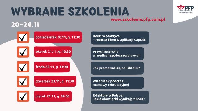 Harmonogram szkoleń na ostatni tydzień listopada 20-24.11.2023 r.