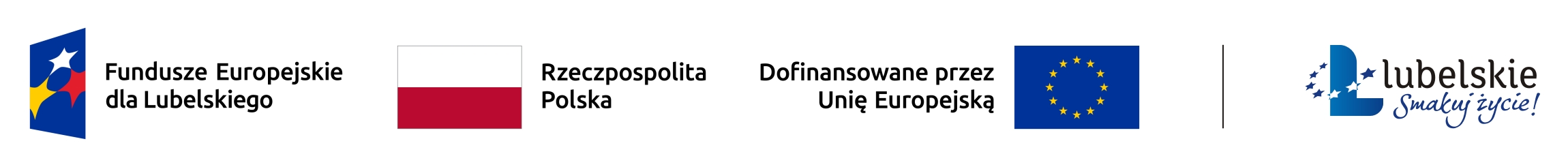 Zestawienie znaków: Fundusze Europejskie dla Lubelskiego, Barwy Rzeczypospolitej Polskiej, informacja o Dofinansowaniu przez Unię Europejską wraz z flagą Unii Europejskiej, pionowa czarna linia oddzielająca, logo województwa lubelskiego