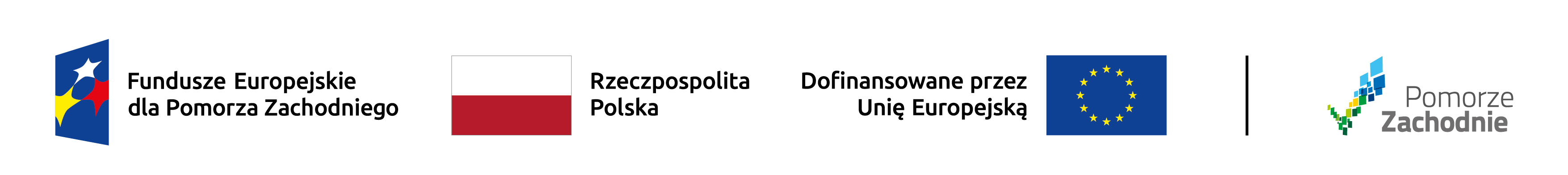 Zestawienie znaków: Fundusze Europejskie dla Zachodniopomorskiego, Barwy Rzeczypospolitej Polskiej, logo Unii Europejskiej z dopiskiem dofinansowane przez Unię Europejską, pionowa linia oddzielająca, logo województwa Zachodniopomorskiego