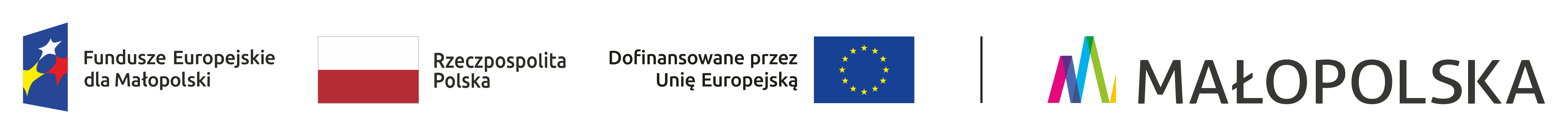 Zestawienie znaków: Fundusze Europejskie dla Małopolski, Barwy Rzeczypospolitej Polskiej, logo Unii Europejskiej z dopiskiem Dofinansowane przez Unię Europejską, pionowa czarna linia oddzielająca, logo województwa Małopolskiego