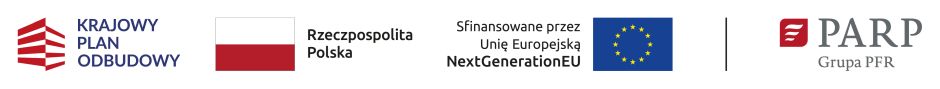 Zestawienie znaków: Krajowy Plan Odbudowy, Barwy Rzeczypospolitej Polskiej, logo Unii Europejskiej z dopiskiem Sfinansowane przez Unię Europejską NextGenerationEU, pionowa czarna linia oddzielająca, logo PARP Grupa PFR