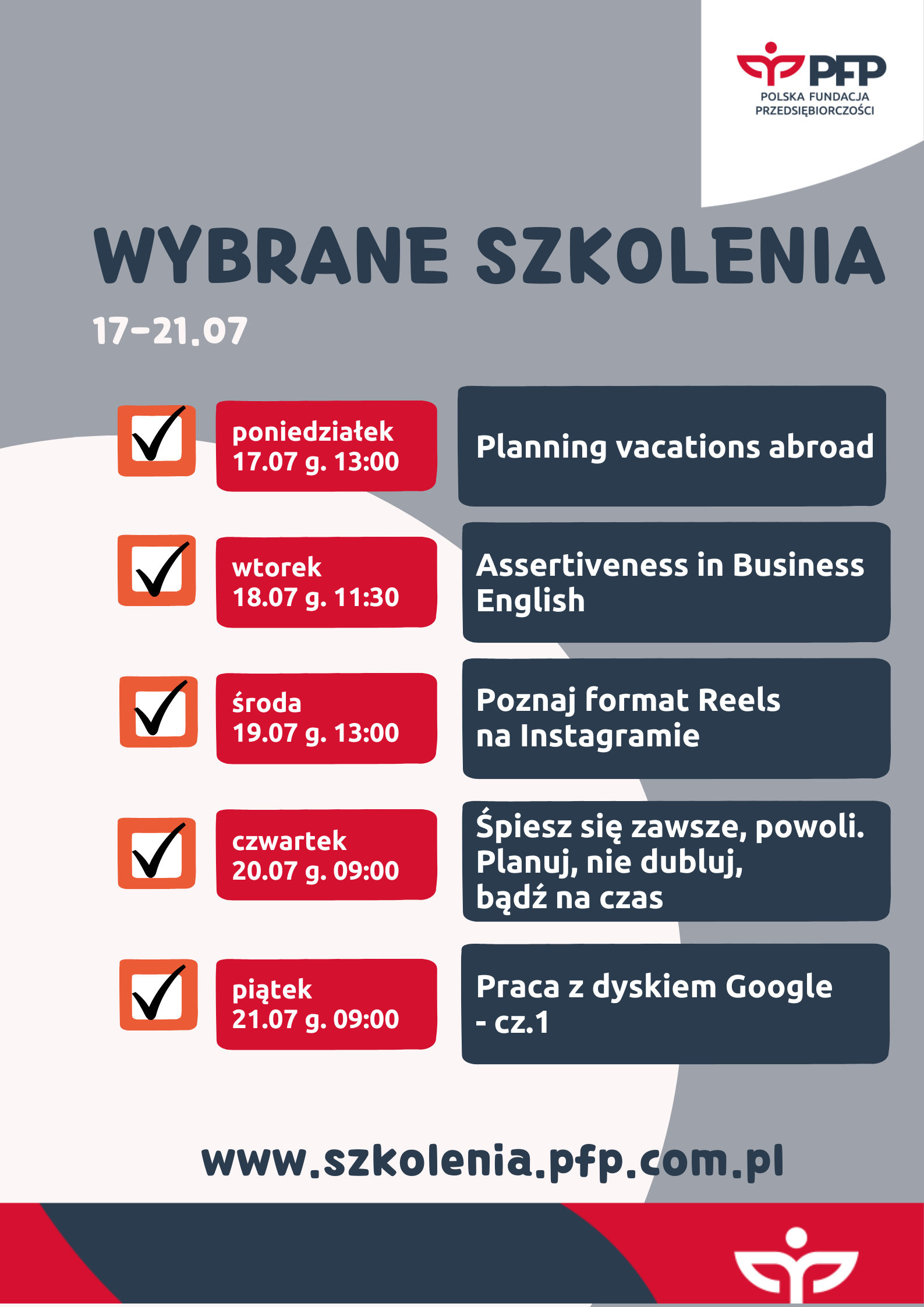 Harmonogram szkoleń 17-21.07.2023 r. Nie zwalniamy tempa ze szkoleniami! „Lipiec to też czas na naukę”