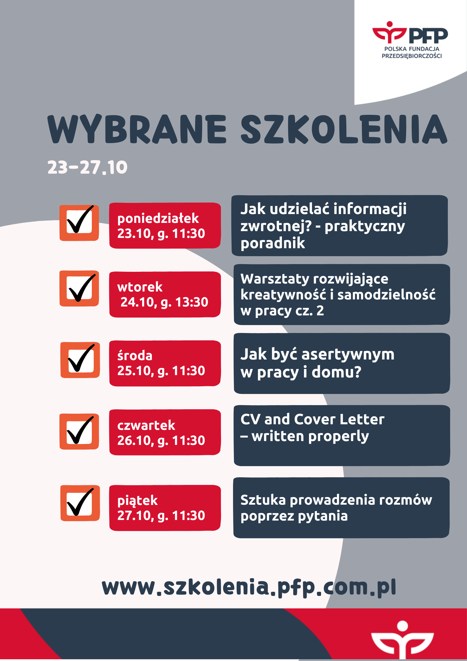 Harmonogram szkoleń 23-27.10 – Zmontujemy reelsy i nauczymy się komunikacji przez zadawanie pytań. Nowe tematy na platformie szkoleniowej PFP