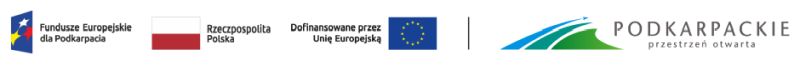 Zestawienie znaków Fundusze Europejskie dla Podkarpacia, Barwy Rzeczypospolitej Polskiej, logo Unii Europejskiej z dopiskiem Dofinansowane przez Unię Europejską, pionowa czarna linia oddzielająca, logo województwa Podkarpackiego z dopiskiem przestrzeń otwarta