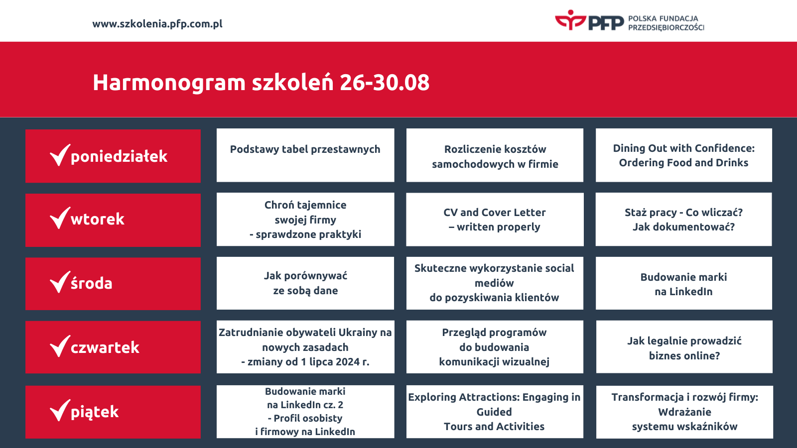 Harmonogram szkoleń 26-30.08