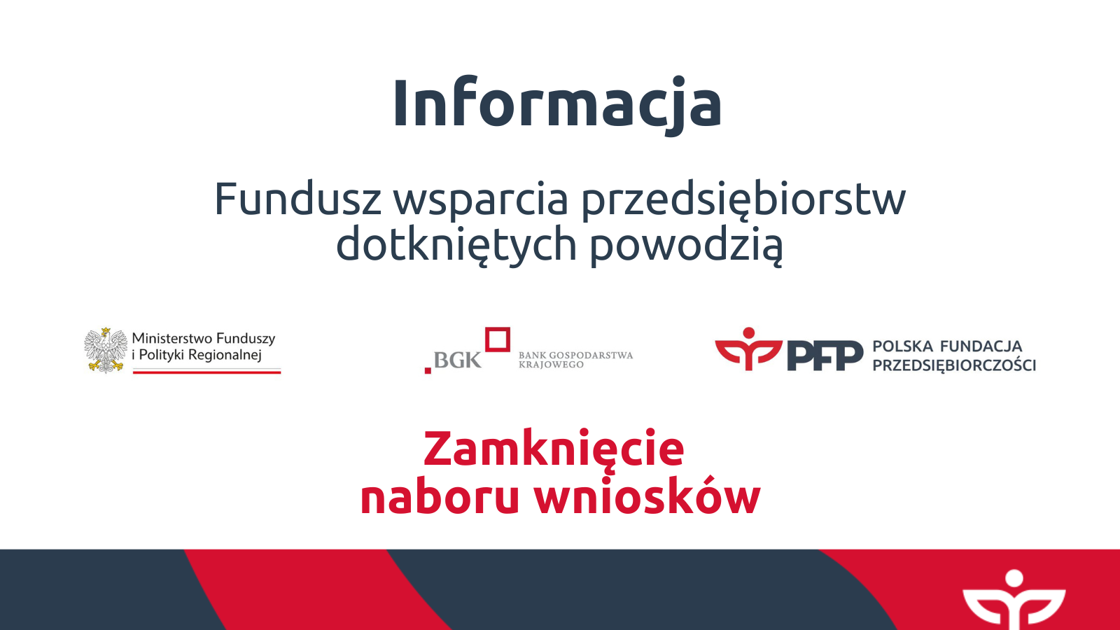 Informacja Fundusz Wsparcia przedsiębiorstw dotkniętych powodzią, Ciąg logotypów: Ministerstwo Funduszy i Polityki Regionalnej, BGK Bank Gospodarstwa Krajowego, PFP Polska Fundacja Przedsiębiorczości. Zamknięcie naboru wniosku.