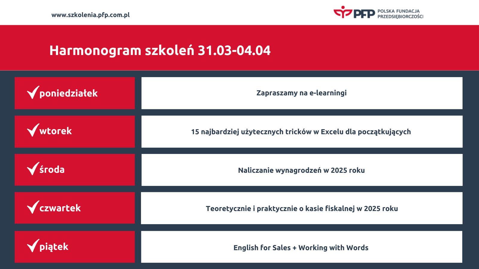 Harmonogram szkoleń 31.03-04.04