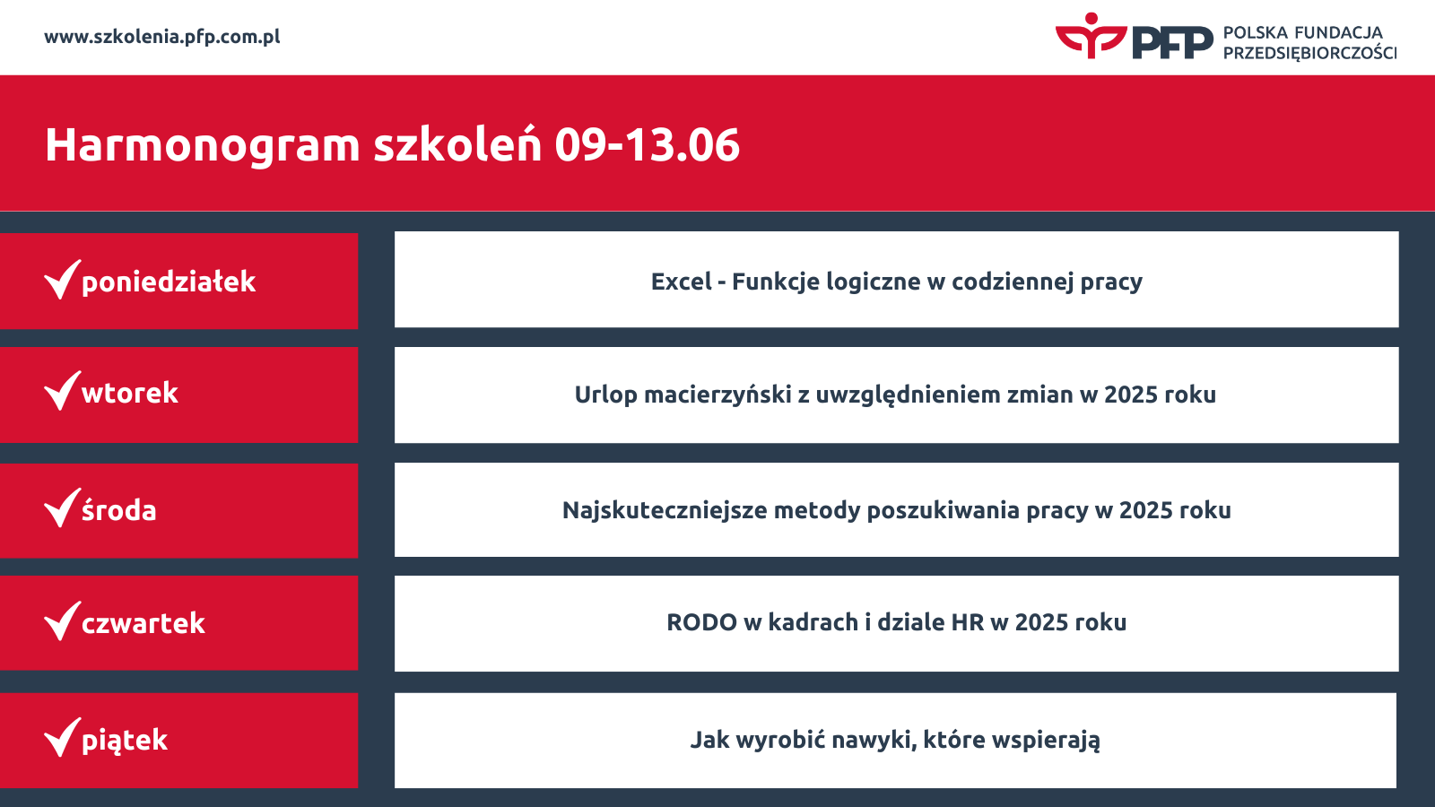 Polska Fundacja Przedsiębiorczości Harmonogram szkoleń 09-13.06