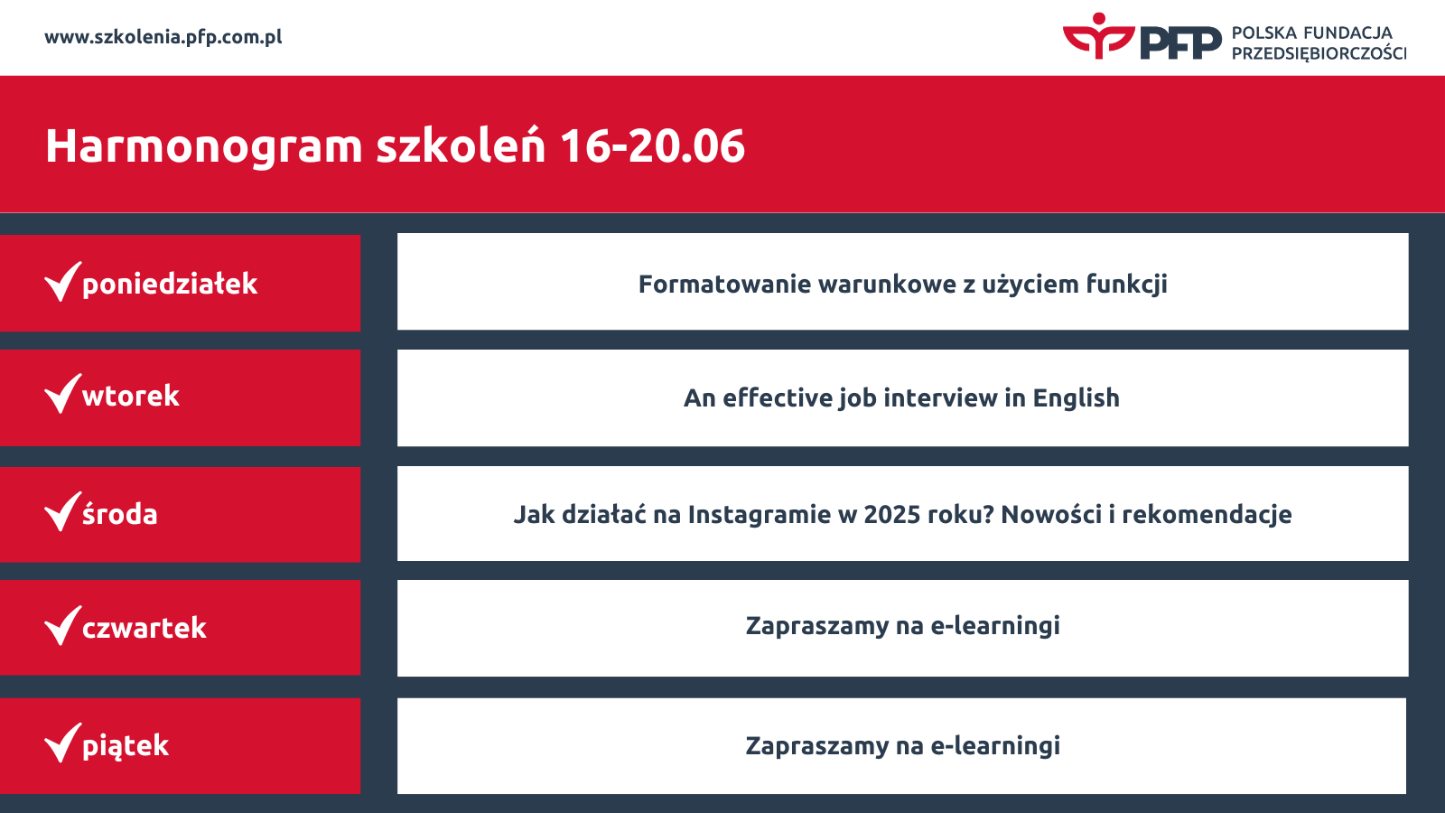 Polska Fundacja Przedsiębiorczości Harmonogram szkoleń 16-20.06