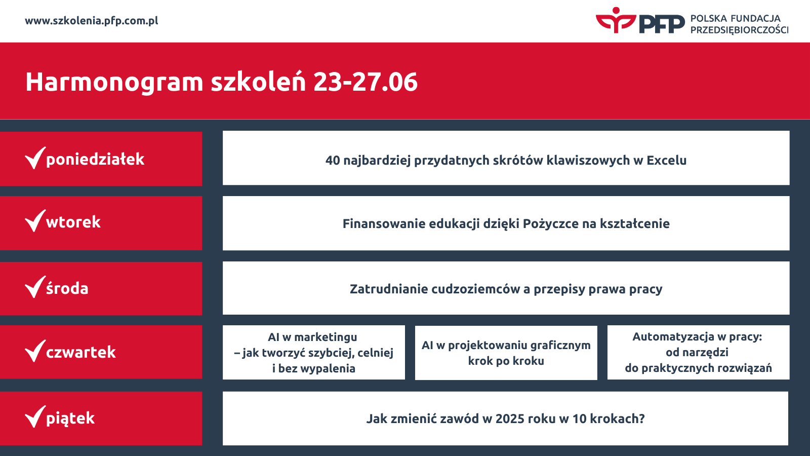 Polska Fundacja Przedsiębiorczości Harmonogram szkoleń 23-27.06