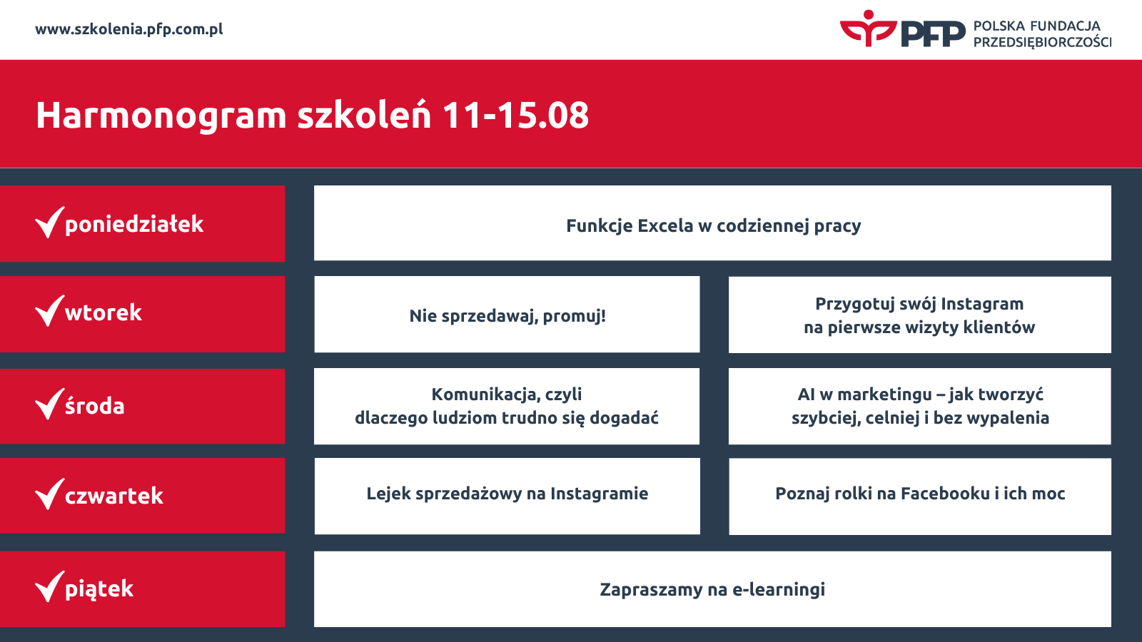 Polska Fundacja Przedsiębiorczości Harmonogram szkoleń 11-15.08