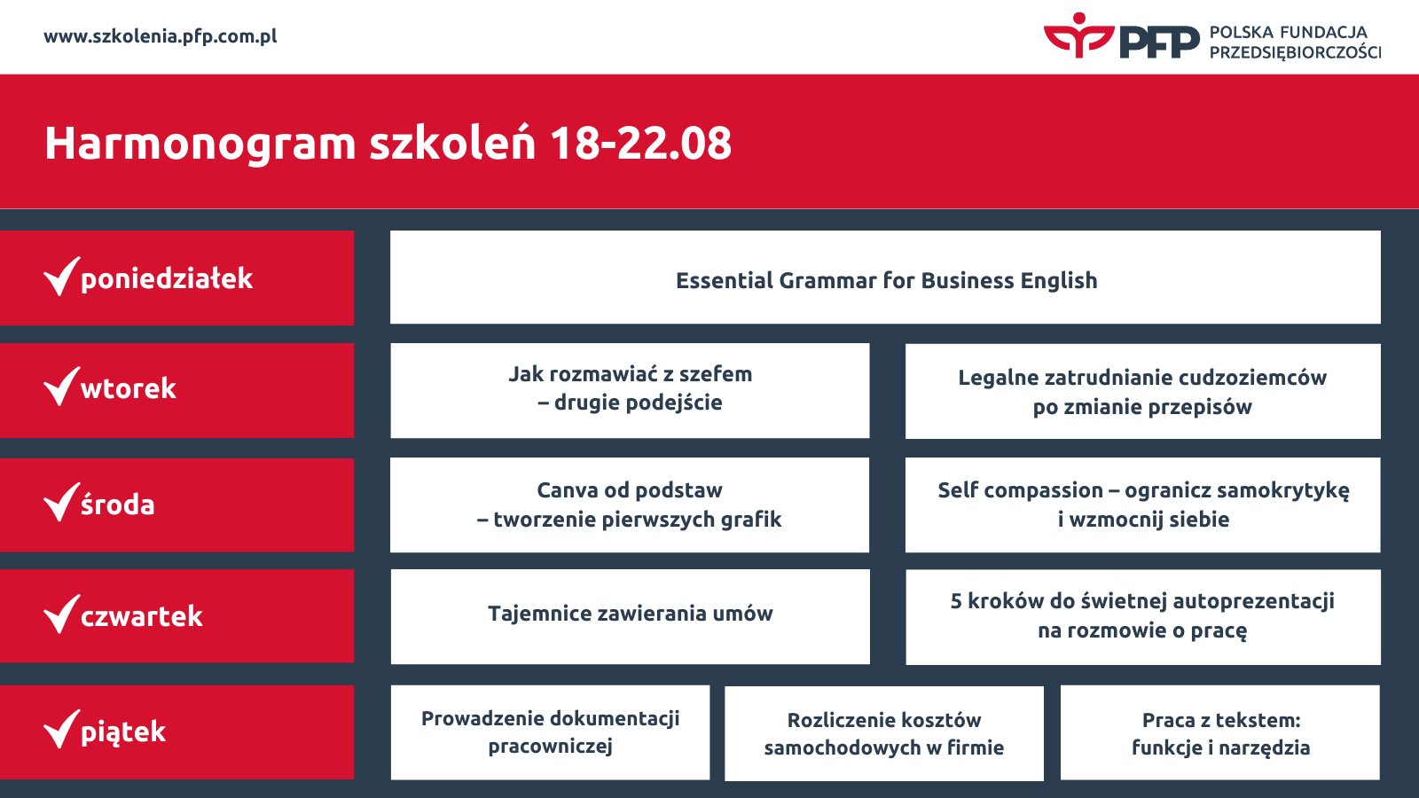 Polska Fundacja Przedsiębiorczości Harmonogram szkoleń 18.22.08