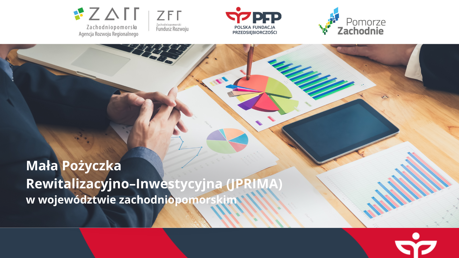 Na zdjęciu widoczne są osoby analizujące wykresy i dane finansowe przedstawione na kolorowych diagramach oraz tablecie leżącym na stole. U góry grafiki znajdują się logotypy: Zachodniopomorska Agencja Rozwoju Regionalnego, Zachodniopomorski Fundusz Rozwoju, Polska Fundacja Przedsiębiorczości oraz Pomorze Zachodnie. W dolnej części umieszczono napis: „Mała Pożyczka Rewitalizacyjno-Inwestycyjna (JPRIMA) w województwie zachodniopomorskim” wraz z czerwonym elementem graficznym i logo PFP
