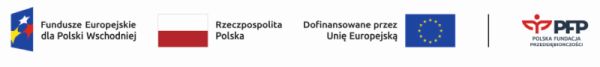 Od lewej strony widnieją logotypy: Fundusze Europejskie dla Polski Wschodniej, Barwy Rzeczypospolitej Polskiej, logo Unii Europejskiej z dopiskiem „Dofinansowane przez Unię Europejską”, pionowa czarna linia oddzielająca, logo PFP Polska Fundacja Przedsiębiorczości.
