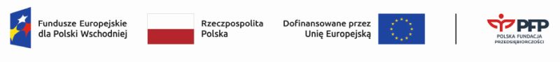 Od lewej strony widnieją logotypy: Fundusze Europejskie dla Polski Wschodniej, Barwy Rzeczypospolitej Polskiej, logo Unii Europejskiej z dopiskiem „Dofinansowane przez Unię Europejską”, pionowa czarna linia oddzielająca, logo PFP Polska Fundacja Przedsiębiorczości.