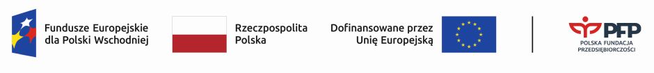 Od lewej strony widnieją logotypy: Fundusze Europejskie dla Polski Wschodniej, Barwy Rzeczypospolitej Polskiej, logo Unii Europejskiej z dopiskiem „Dofinansowane przez Unię Europejską”, pionowa czarna linia oddzielająca, logo PFP Polska Fundacja Przedsiębiorczości.
