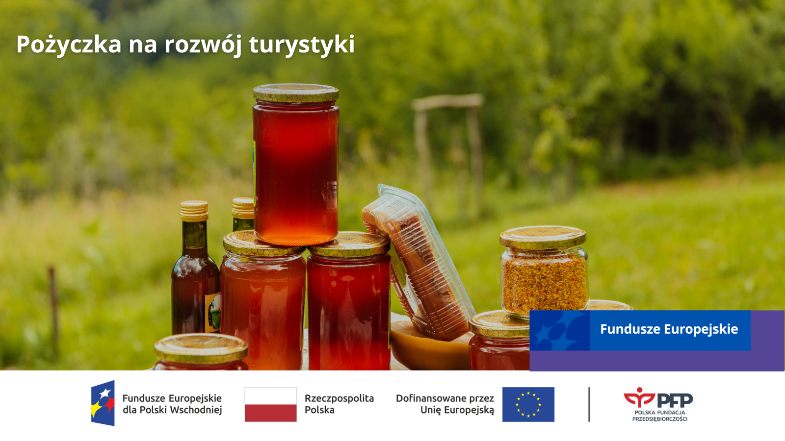 Słoiki z miodem, pyłkiem pszczelim i lokalnymi produktami na tle zielonego krajobrazu. Komunikat: Pożyczka na rozwój turystyki. Po prawej stronie widnieje oznaczenie Fundusze Europejskie. Na samym dole od lewej strony widnieją logotypy: Fundusze Europejskie dla Polski Wschodniej, Barwy Rzeczypospolitej Polskiej, logo Unii Europejskiej z dopiskiem Dofinansowane przez Unię Europejską, pionowa czarna linia oddzielająca, logo PFP Polska Fundacja Przedsiębiorczości.